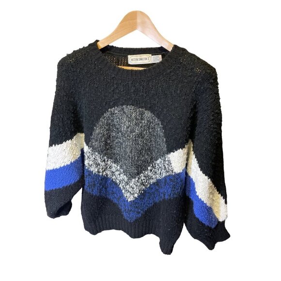 Vintage 90s Western Connection II Black Blue Balloon Sleeve Knit Sweater - Picture 1 of 9